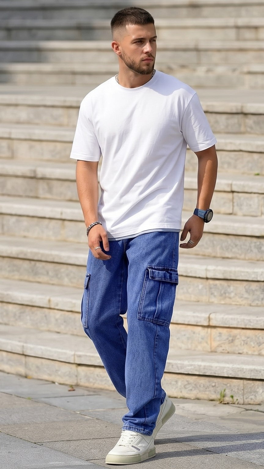 Men Baggy Cargo Jeans (Denim Blue)