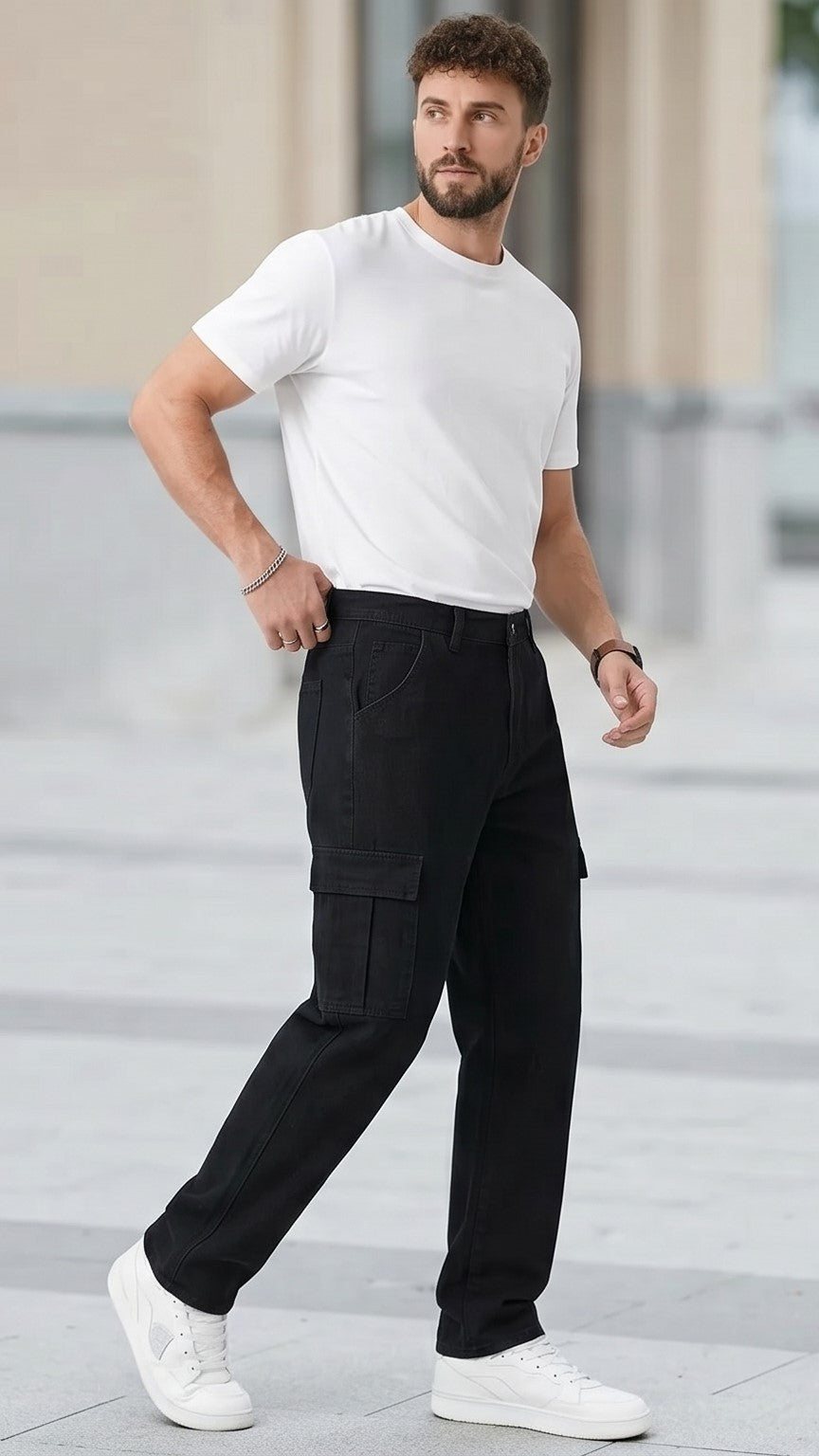 Men Baggy Cargo Jeans (Black)