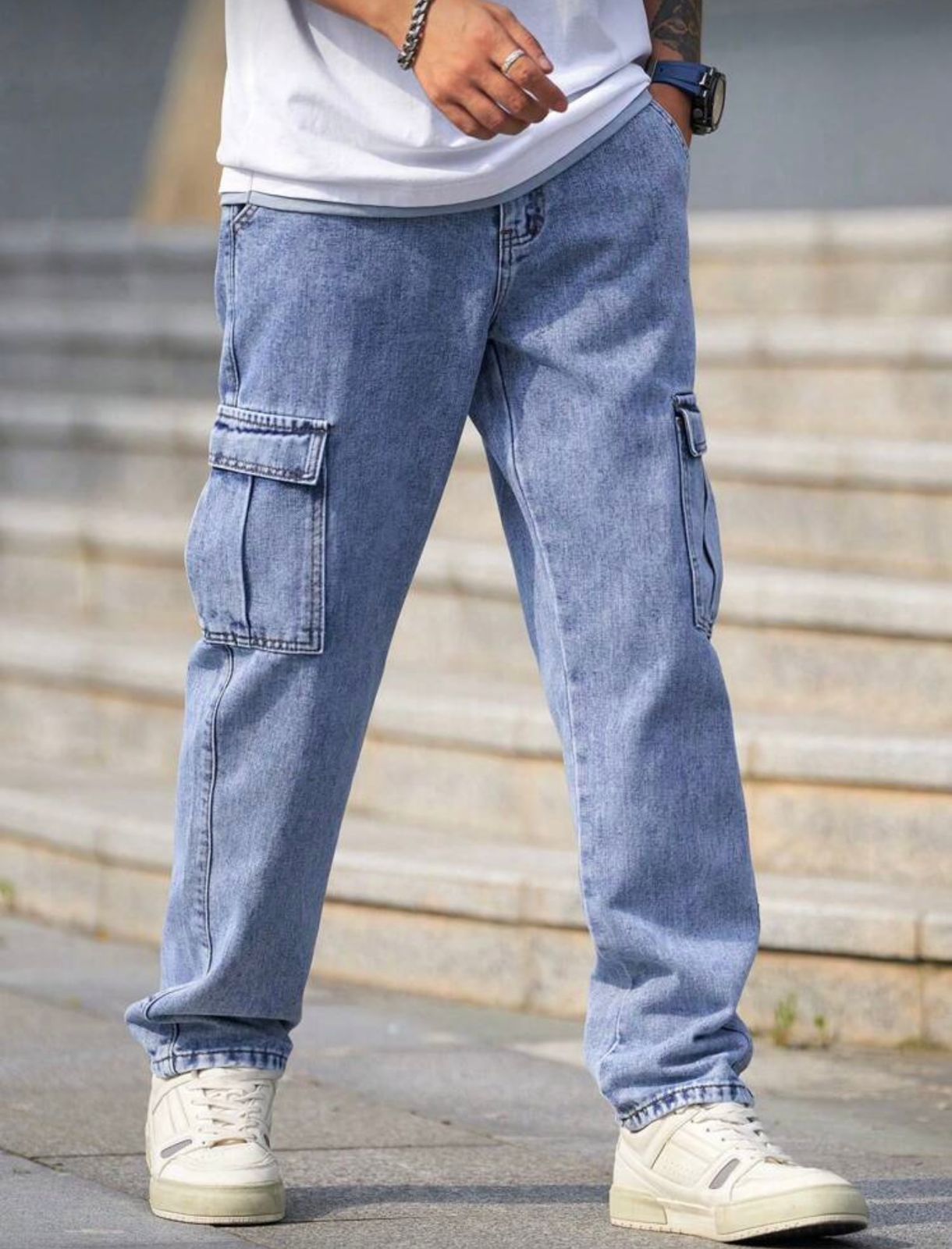 Men Baggy Cargo Jeans (Sky Blue)