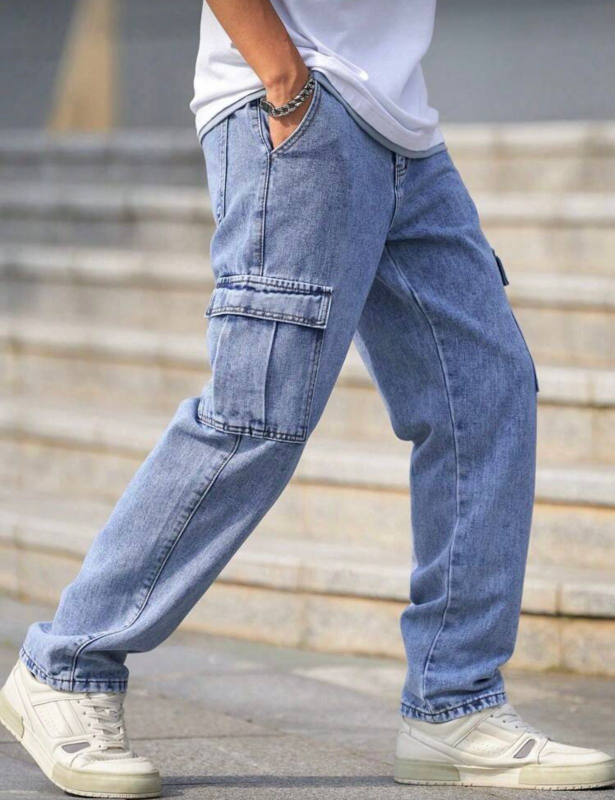 Men Baggy Cargo Jeans (Sky Blue)