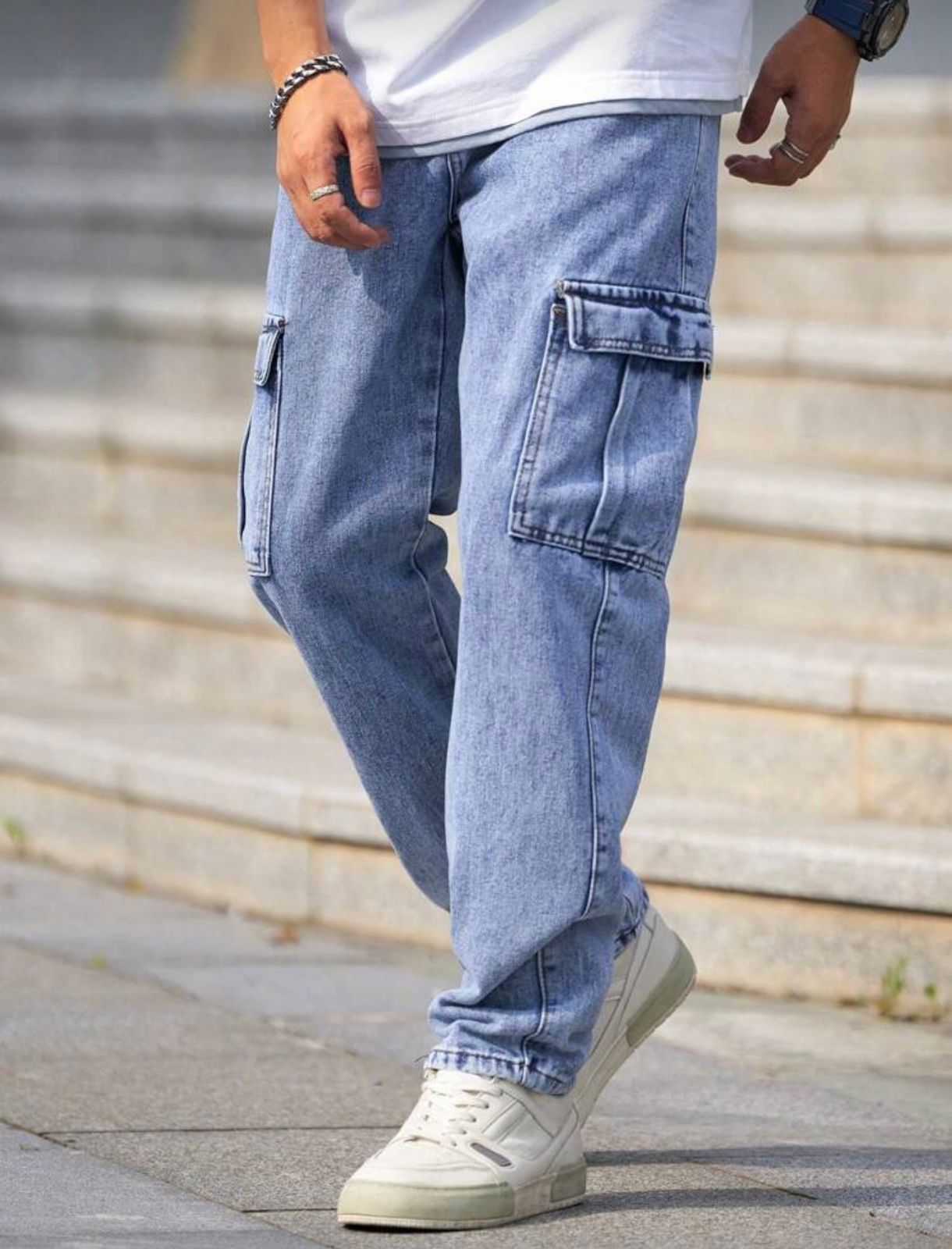 Men Baggy Cargo Jeans (Sky Blue)