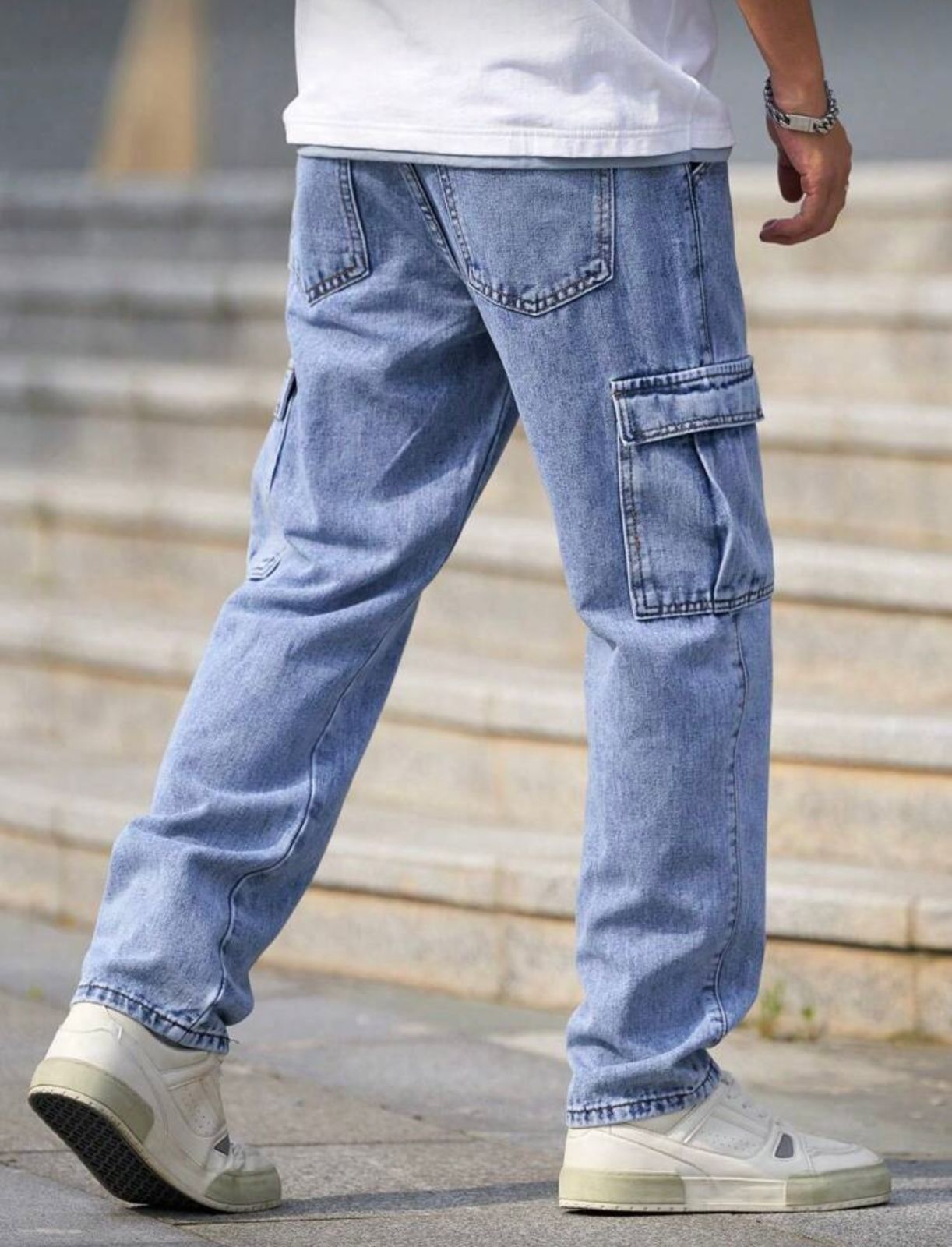 Men Baggy Cargo Jeans (Sky Blue)