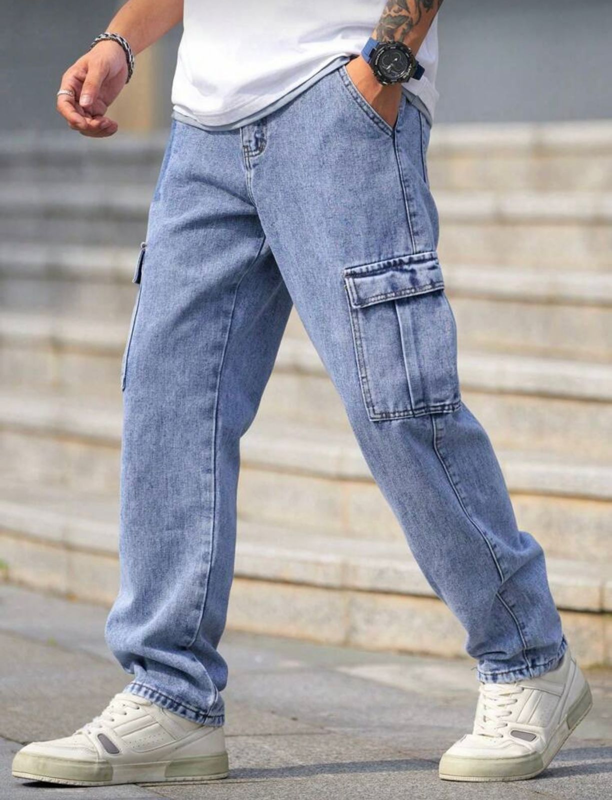 Men Baggy Cargo Jeans (Sky Blue)