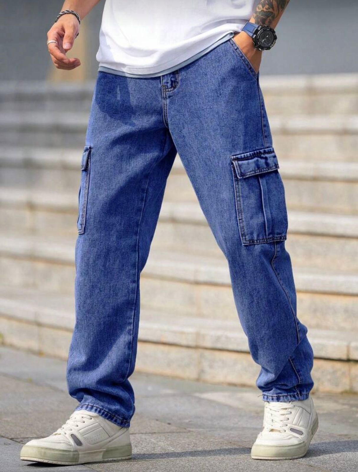 Men Baggy Cargo Jeans (Denim Blue)