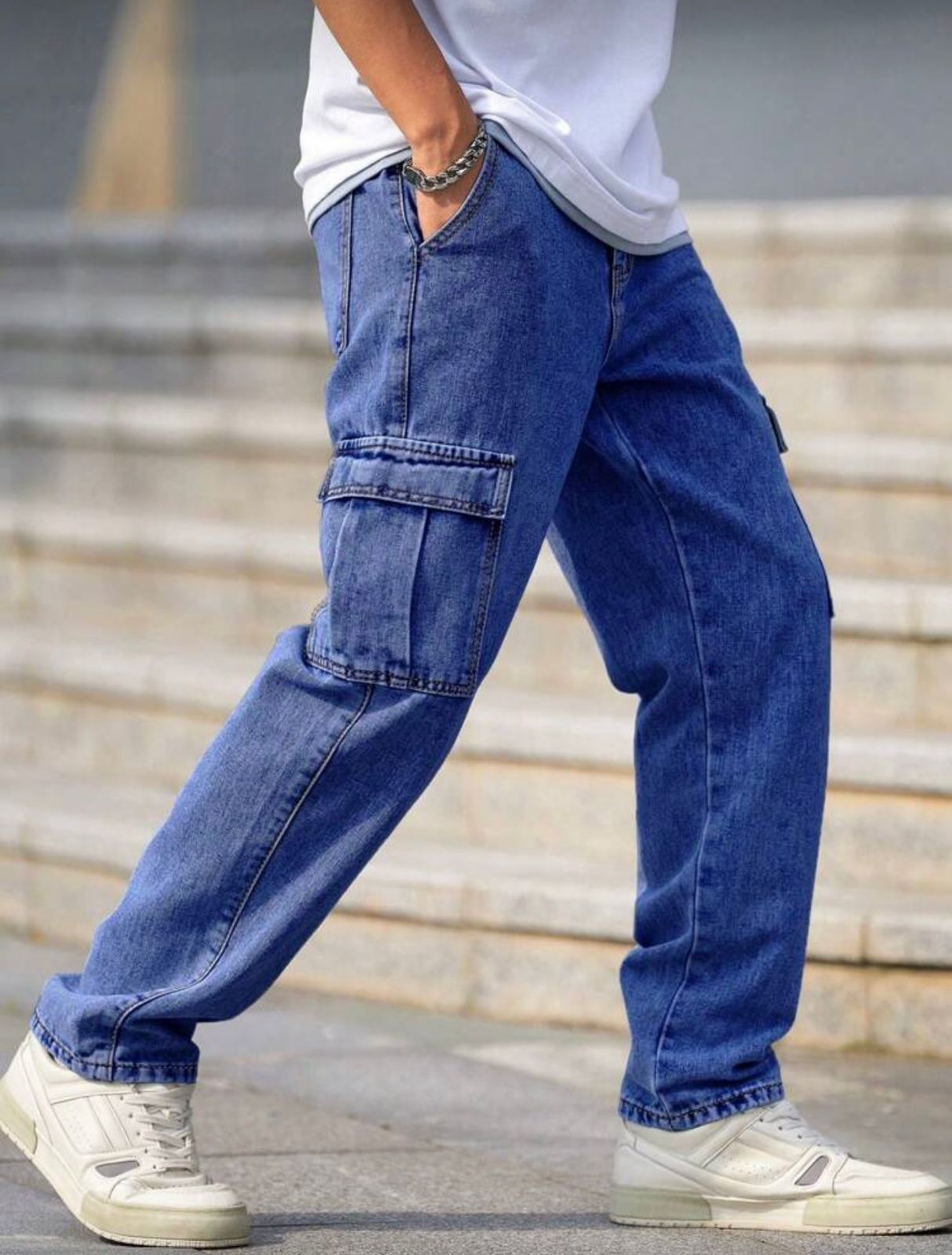 Men Baggy Cargo Jeans (Denim Blue)