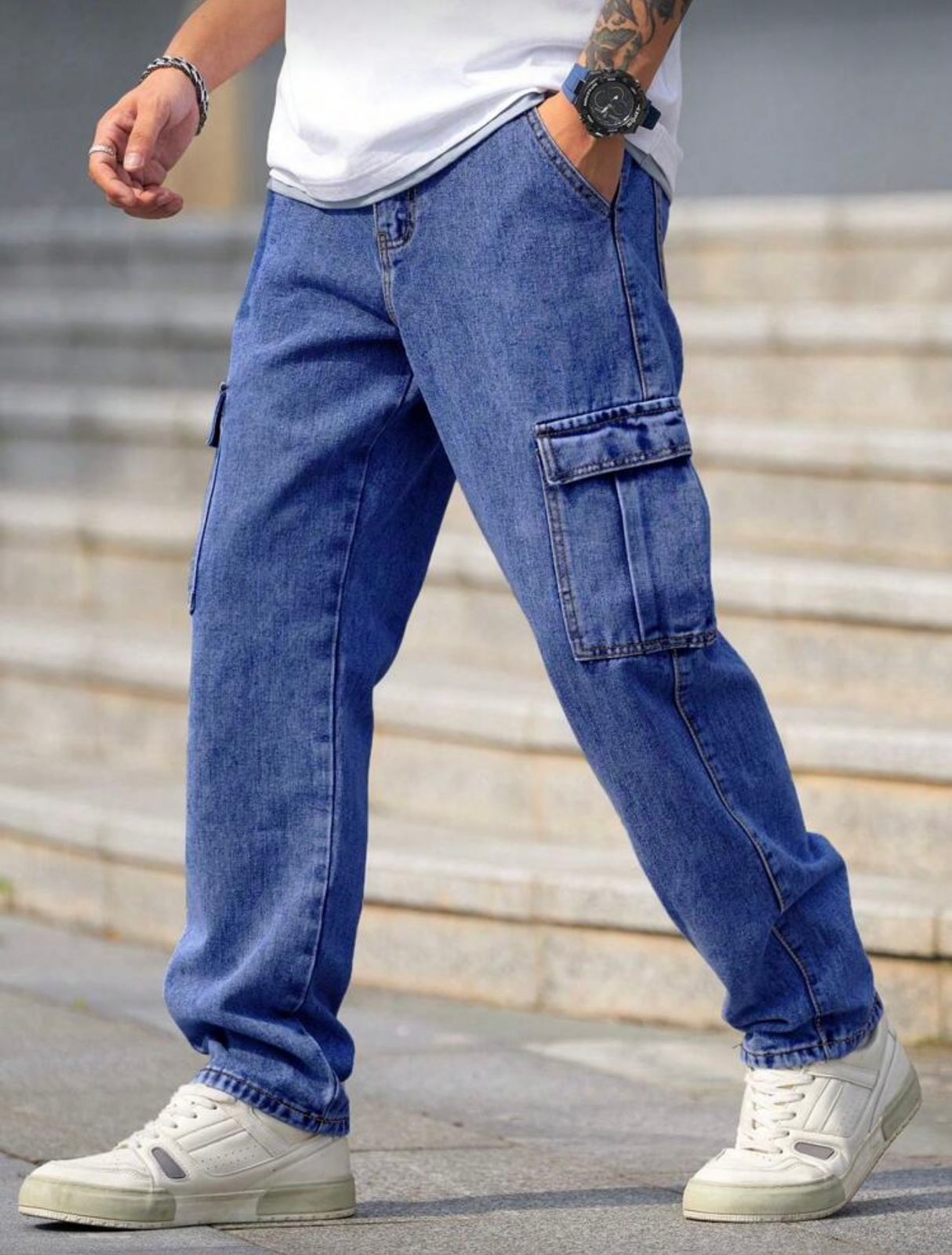 Men Baggy Cargo Jeans (Denim Blue)