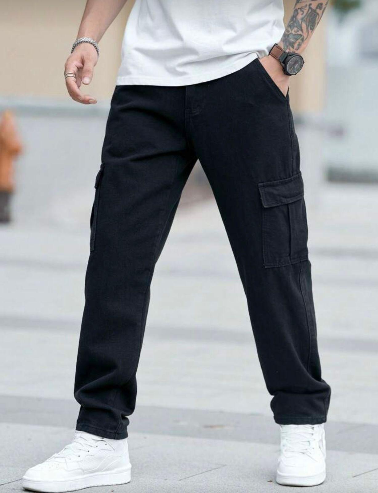 Men Baggy Cargo Jeans (Black)