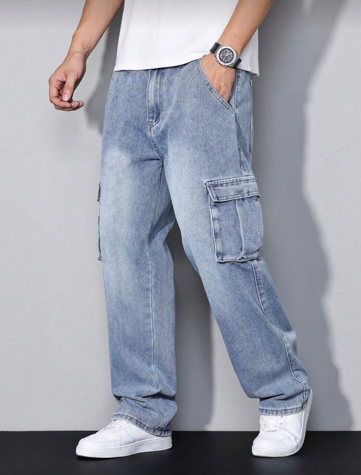 Men Baggy Cargo Jeans (Sky Blue)