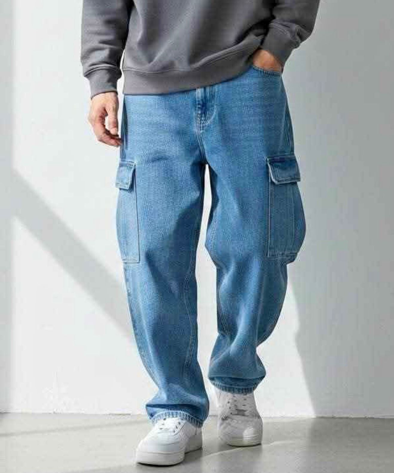 Men Baggy Cargo Jeans (Sky Blue)